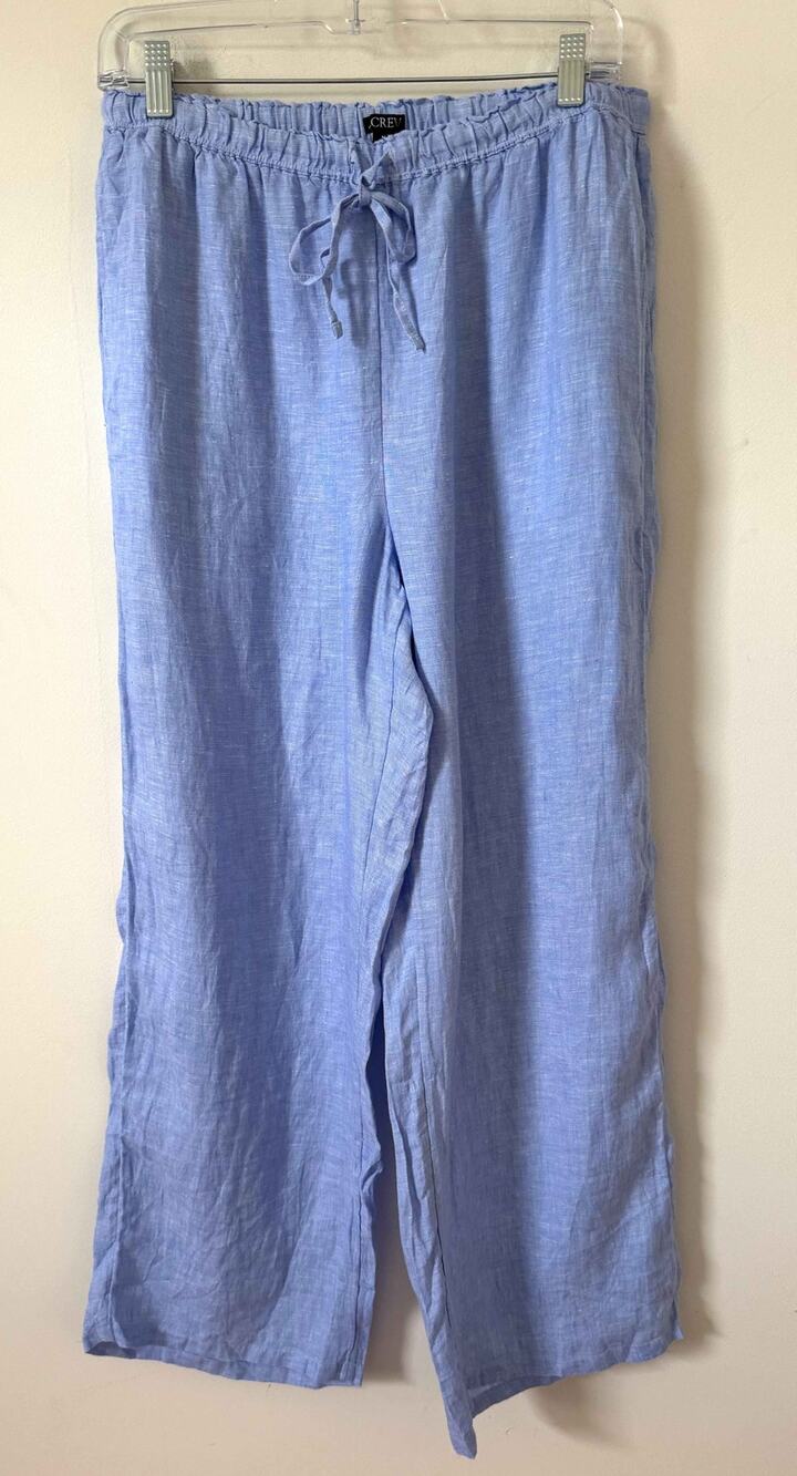 J.Crew 100% Linen Chambray Pants Drawstring Elastic Waist Blue Wide Leg Medium